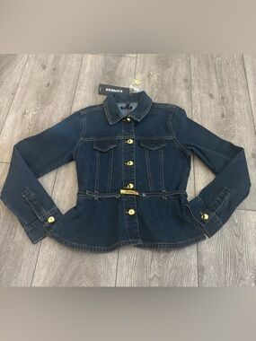 Express Navy Denim Peplum Jacket with Gold Buttons
